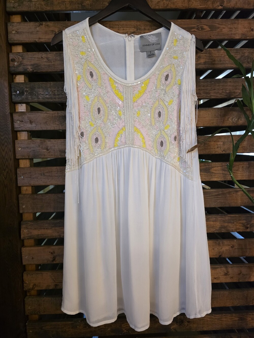Anthropologie Summer of Love Sequins Beaded Fringe Ivory Boho Festival Dress